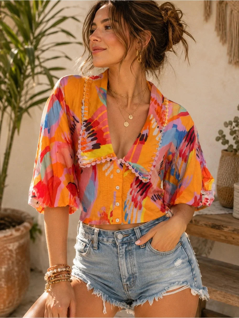 Farm Rio Neon Macaws Buttoned Blouse Multicolor Cropped Top